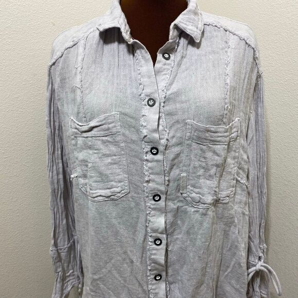 Free People We The Free Venice Linen Blend Button Down Shirt in Sand Size Small - Picture 3 of 10